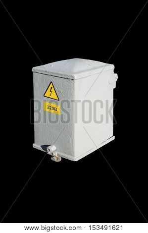Municipal electrical grey box with 'High voltage' and '220V' signs isolated on black.