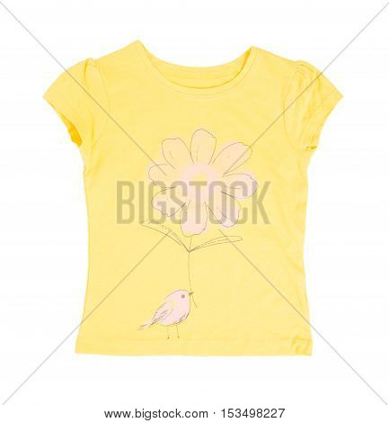 Yellow cotton t-shirt with flower and bird. Isolated on a white background.