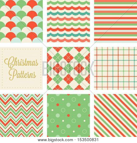 Christmas seamless green and red patterns in vintage style, wave, tattersall, zigzag, dot, diagonal stripe, fish scale, sea wave, argyle