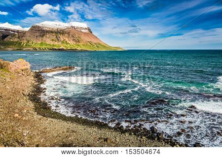 Arctic sea and coastline Iceland in summer