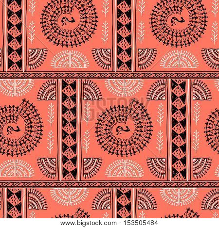 Warli painting seamless pattern - hand drawn traditional the ancient tribal art India. Pictorial language is matched by a rudimentary technique depicting rural life of the inhabitants of India