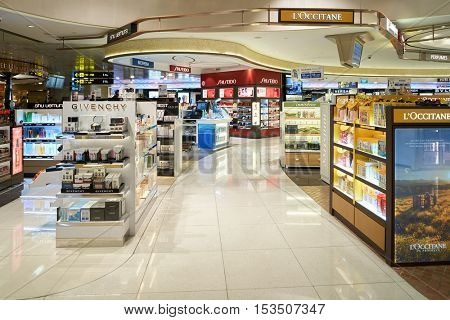 SINGAPORE - CIRCA AUGUST, 2016: a cosmetics store at Changi Airport. Cosmetics, also known as make-up, are substances or products used to enhance the appearance or fragrance of the body.