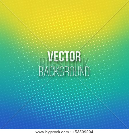 Colorful blurred background with halftone effect overlay. Dotted pattern on blue-yellow abstract gradient backdrop. Vector illustration