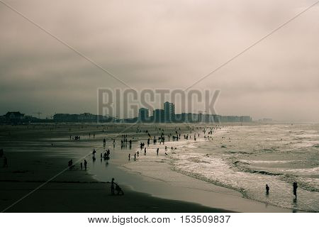 Seascape of Ostend beach in the mist Belgium