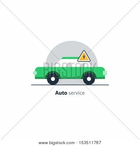 Green car in a circle with attantion sign. Flat design vector illustration