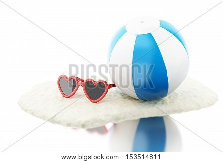 3d renderer image. Beach ball with sand and sunglasses. Vacation concept. Isolated white background