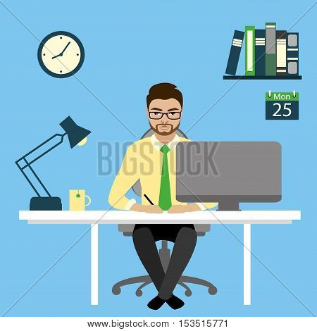 Office worker or businessman working On Computer.Cartoon stock vector illustration