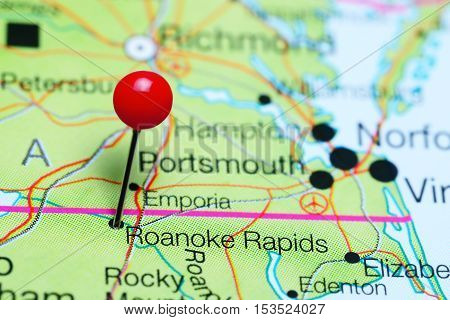 Roanoke Rapids pinned on a map of North Carolina, USA