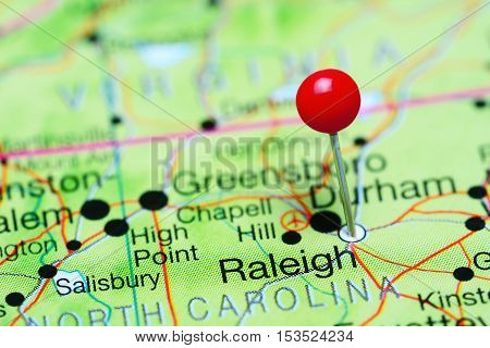 Raleigh pinned on a map of North Carolina, USA