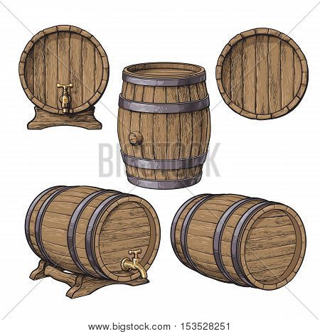 Set of wooden barrels, sketch style vector illustrations isolated on white background. Collection of standing and lying wine, rum, beer classical wooden barrels