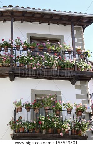 Flowers plants in balconies of a house in Candelario avillege of the province of Salamanca Spain.