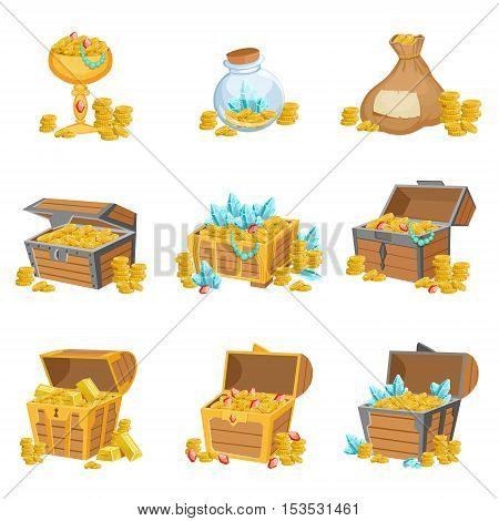 Treasure And Riches Set Of Graphic Design Elements. Cute Cartoon Style Illustrations With Gold, Jewels And Gems Isolated On White Background.
