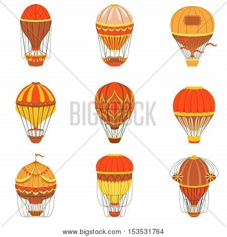 Retro Hot Air Balloons Set. Detailed Vector Drawings In Orange An Red Colors. Old-school Air Travel Transportation Design Collection.