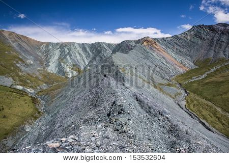 View to the unique Yarlu valley with rainbow mountains in summer sunny day