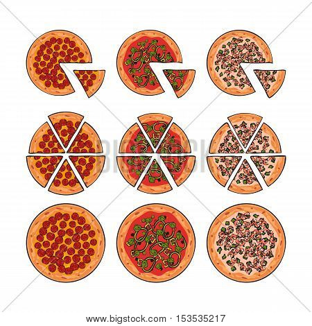 Three types of pizza, whole and sliced into pieces, sketch style vector illustration isolated on white background. Traditional Italian pizza with sausages, shrimps and tomato souce