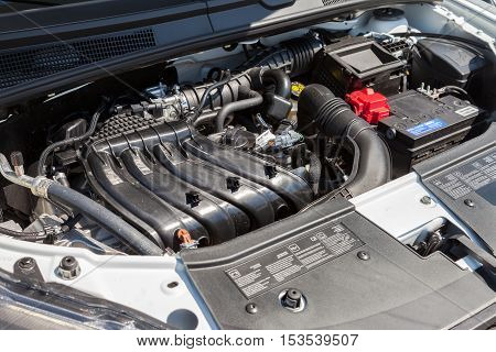 SAMARA RUSSIA - JUNE 12 2016: Car engine of LADA XRAY. Under hood space. Lada is a Russian automobile manufacturer