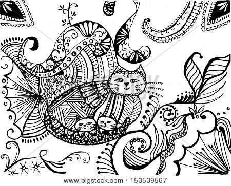 Cat black white vector. Zen art. Hand drawn animal portrait in zentangle style for adult coloring page. Zendoodle. Illustration on a white background.