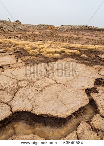 Landscape around sulphur lake Dallol in a volcanic explosion crater in the Danakil Depression northeast of the Erta Ale Range in Ethiopia the hottest place on Earth.