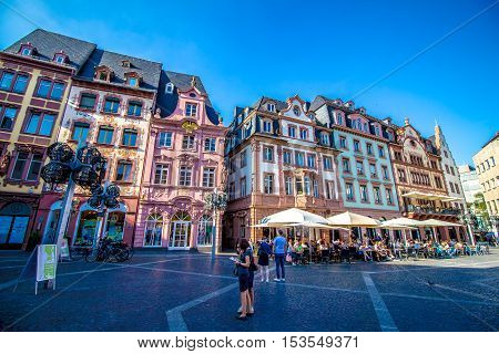 MAINZ Germany - August 31 2016 - people in market square in the old town of Mainz Germany