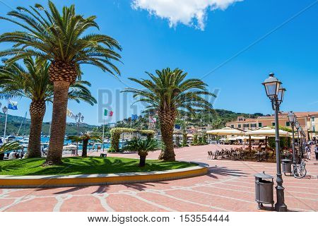 Beautiful town square in center of Porto Azzurro of Elba island in summer season, Italy