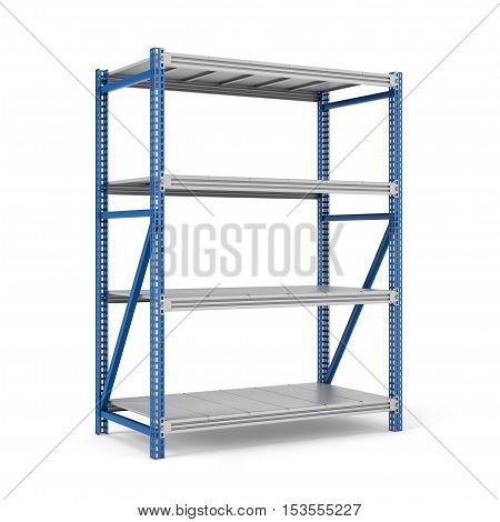3d rendering of a four-storey steel storage rack isolated on the white background. Storage furniture. Free standing racks and shelves. 3d modeling.