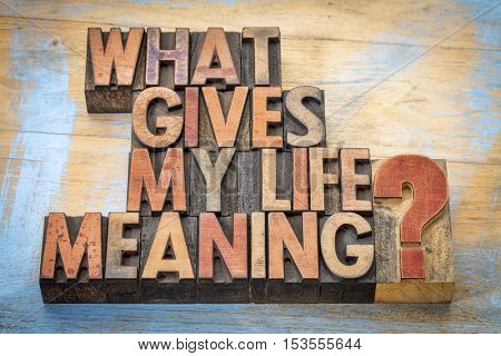 What gives my life meaning? Word abstract in vintage letterpress wood type blocks