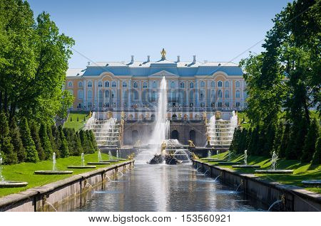 PETERHOF, RUSSIA - MAY 26, 2015: Grand Peterhof Palace, the Grand Cascade and Samson Fountain. Peterhof Palace included in the UNESCO World Heritage List. Petergof, Saint Petersburg, Russia