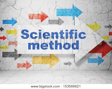 Science concept:  arrow with Scientific Method on grunge textured concrete wall background, 3D rendering
