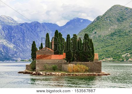 Sveti dorde island with sea and mountains in Kotor bay