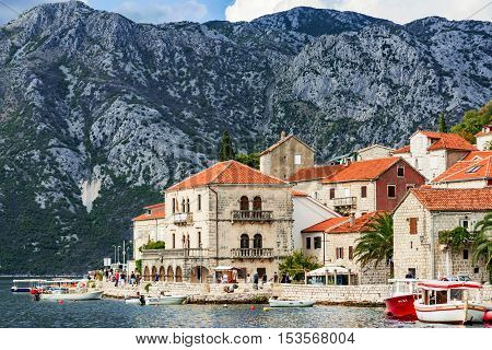 PERAST MONTENEGRO - SEPTEMBER 21: This is Perast a small coastal town located in the Bay of Kotor. The town is a UNESCO world heritage site and is a popular tourist destination on September 21 2016 in Perast