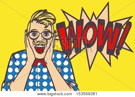 Isolated male with surprise expression on his face. Hipster wow face drawing.