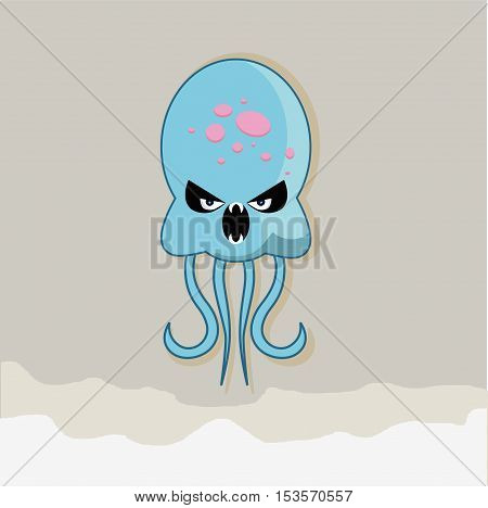 Vector flat and evil jellyfish at the bottom of the ocean. eps jpg