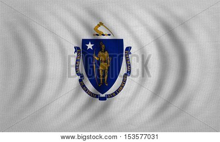 Flag of the US state of Massachusetts. American patriotic element. USA banner. United States of America symbol. Massachusettsan official flag wavy with fabric texture illustration. Accurate size color