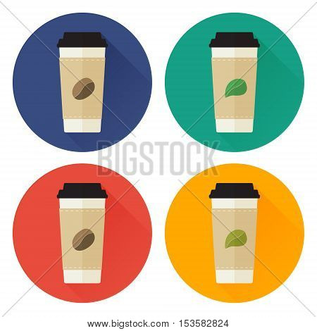 Take-away coffee cup and tea cup flat icon set. A plastic cup of coffee and a plastic cup of tea flat style vector illustration.