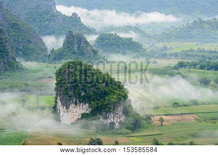 Landscpae view of Pu langka (lang ka mountain) with mist in morning time, popular natural tourist attraction in Phayao province northern Thailand.