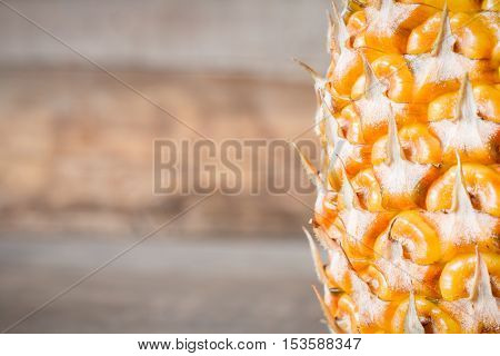 single ripe pineapple on wooden background with copyspace