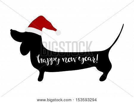 Happy New Year greeting card dachshund. Hand written lettering Happy New Year.