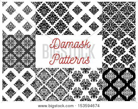 Stylized floral damask seamless patterns. Vector decoration tiles with graphic flowery pattern. Elegant luxury baroque ornament backgrounds for design