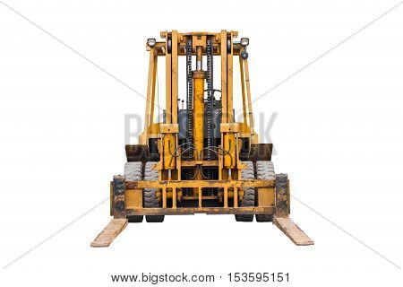 Yellow industrial fork lifter for cargo transport isolated on white