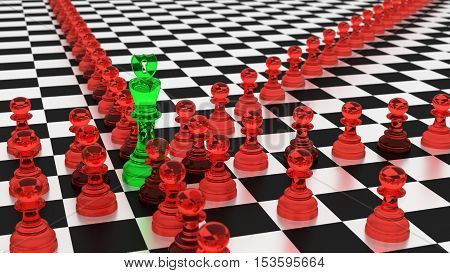 Chess board with a lot of red glass pawns attacking the green king botnet cybersecurity concept 3D illustration