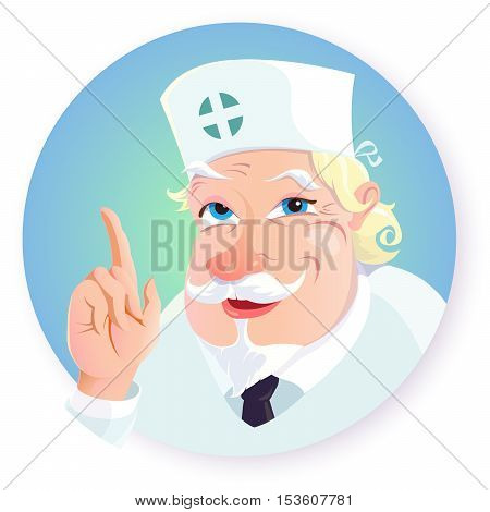 Vector illustration of funny cartoon character - doctor. The old doctor in a white uniform with a kind smiling facial expression with a beard and mustache raised his hand up with a pointing gesture