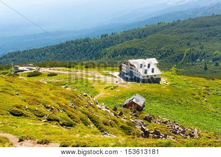 Aerial veiw mountain landscape with Seven Rila Lakes hut in National Park Rila, Bulgaria