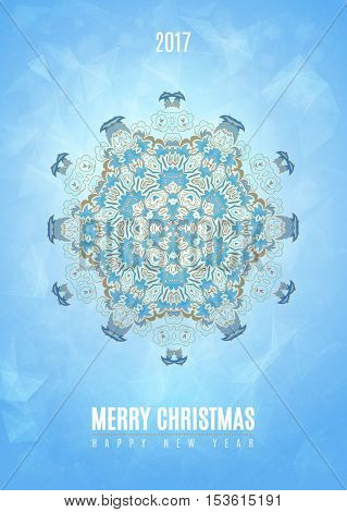 Modern Christmas fancy winter snowflake in blue white gold colors combinations card, invitation or flyer template
