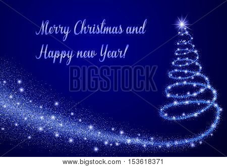 Blue glitter Abstract Christmas tree made of sparkles and lights. vector illustration greeting card. Happy new year and merry christmas