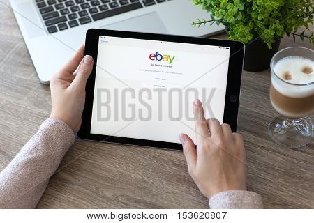 Alushta Russia - October 9 2016: Woman holding a iPad Pro with Internet shopping service eBay on the screen. iPad Pro was created and developed by the Apple inc.