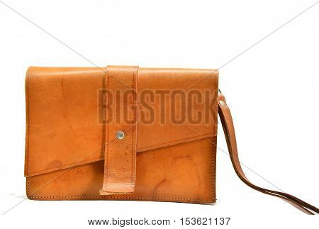 front of small light brown leather man bag with white background,second hand