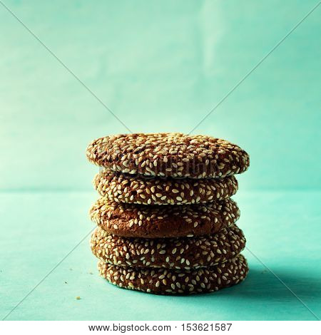 Stack Of Chocolate Cookies With Sesame
