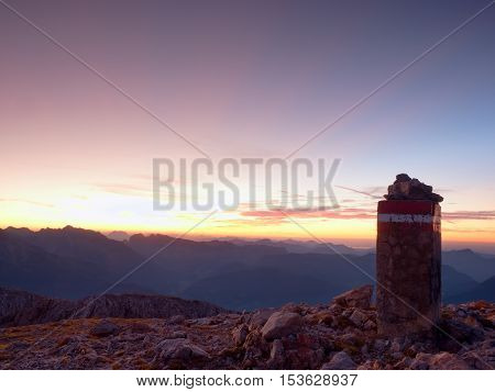 Peak Of Mountain,  Apine Gravel  Cliff. Colorful Daybreak Horizon