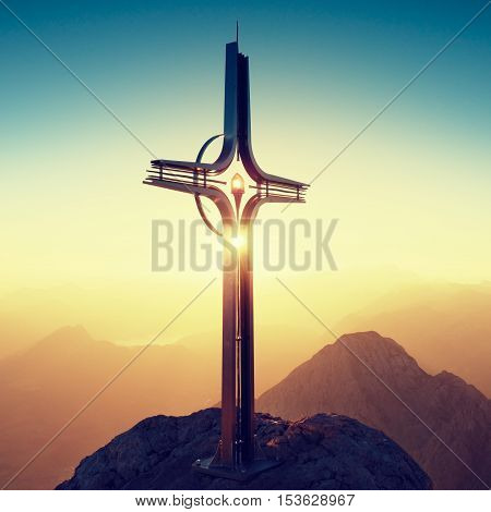 Cross Raised  At Alpine Mountain Peaksharp Rocks, Sun In Sky.
