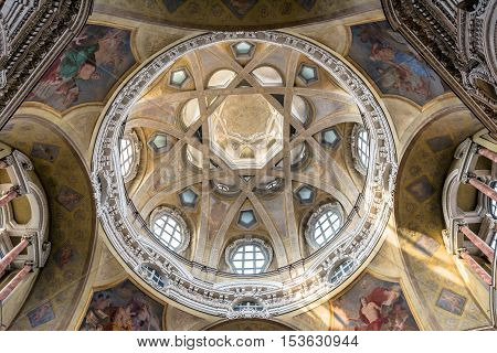 Turin, Italy - December 31, 2015: Royal Church of San Lorenzo interior in Turin Italy. The present church was designed and built by Guarino Guarini during 1668-1687.